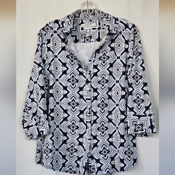 Foxcroft Tops - Foxcroft Mary Indigo geometric 3/4‎ sleeve blouse size large